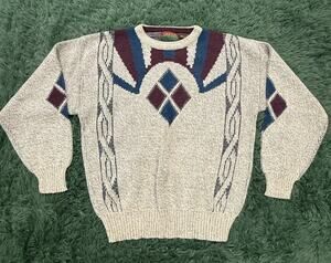 Vintage OAKTON LIMITED Men's L 100% Acrylic Argyle Cable Knit Crew Neck Sweater